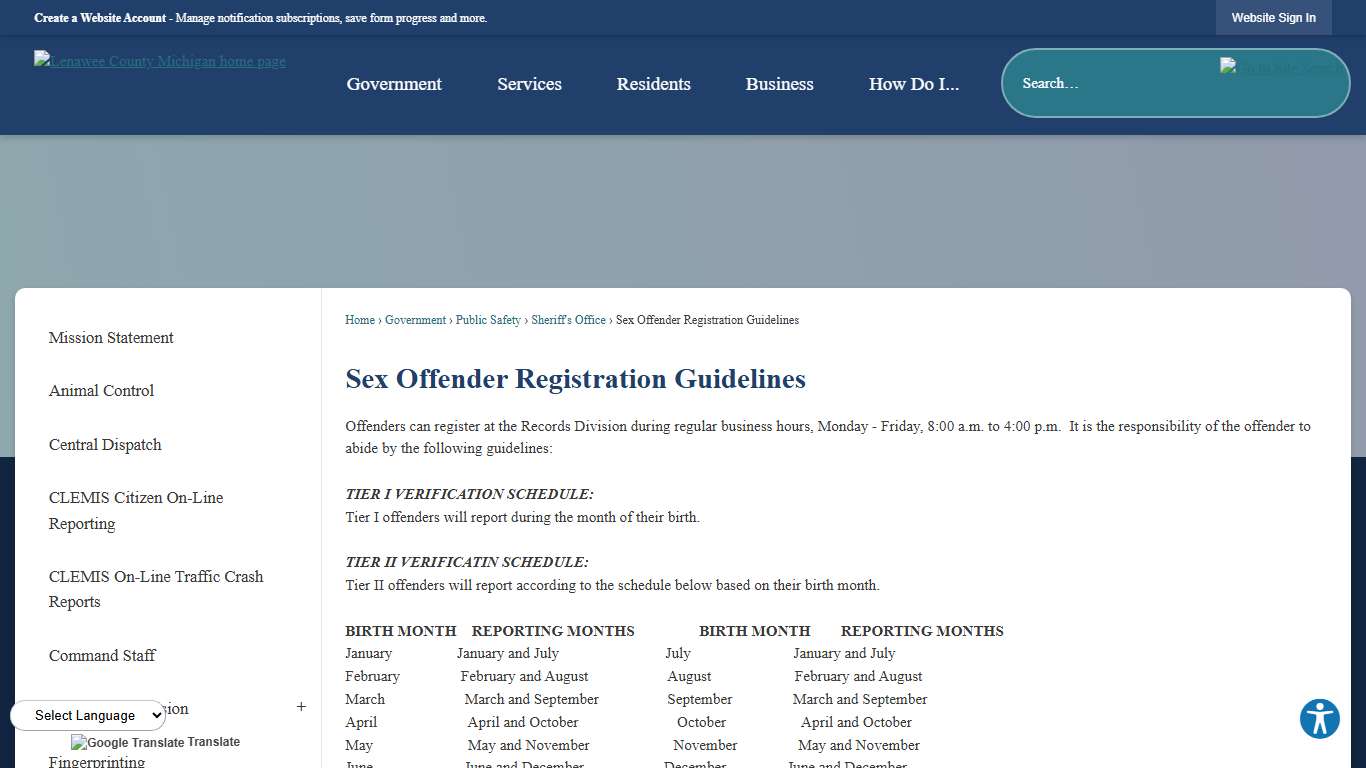 Sex Offender Registration Guidelines Lenawee County, MI